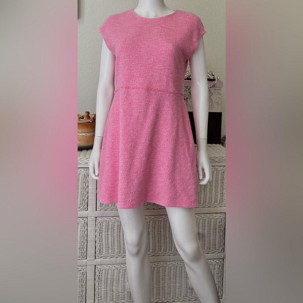 Zara Tweed Mini Cocktail Dress A- Line Sleeveless Unlined in Hot Pink Size L